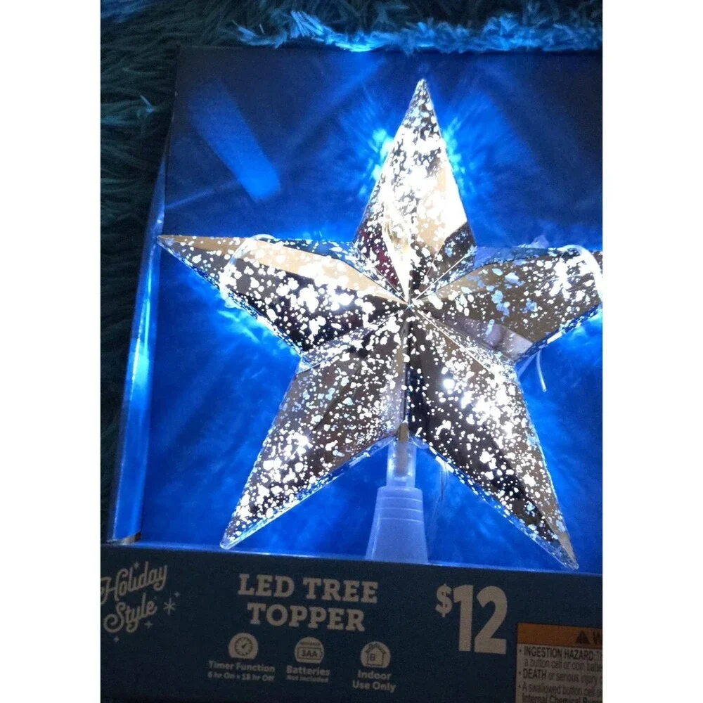 Holiday Style Silver Light Up LED Star Tree Topper Timer Indoor Christmas Decor